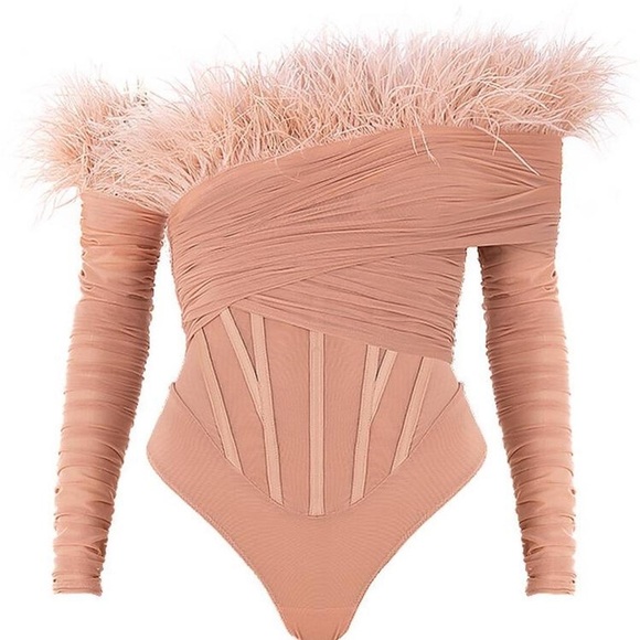 House of CB Tops - House of CB Blush Feather Corset Bodysuit XS | Off Shoulder Party Look
